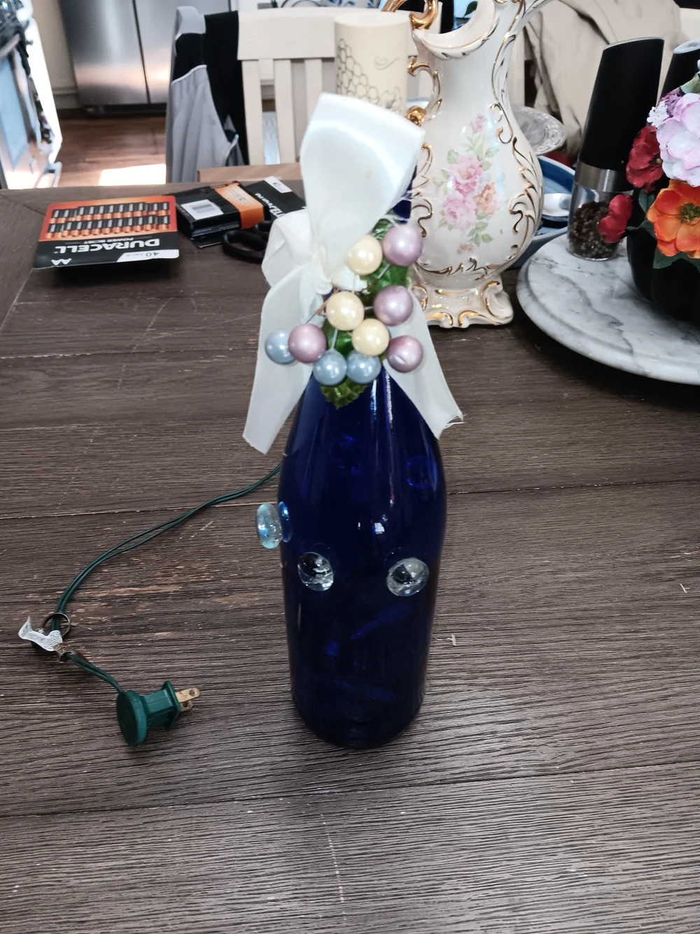 Decorative Cobalt Blue Glass Bottle with Pastel Bead Accent and Bow -lights Up
